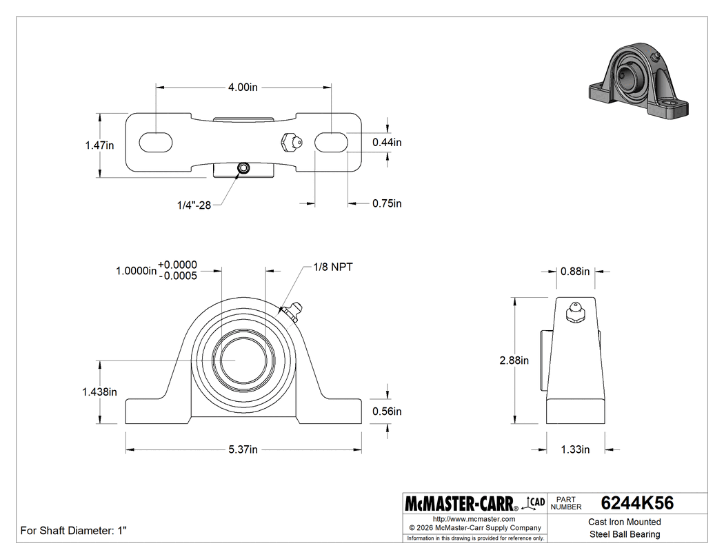 Technical Drawing of Cast Iron Mounted Steel Ball Bearing, Set-Screw Lock, for 1" Shaft Diameter.